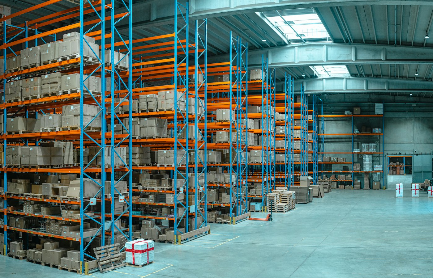 Racked construction and MEP materials inside a supply warehouse